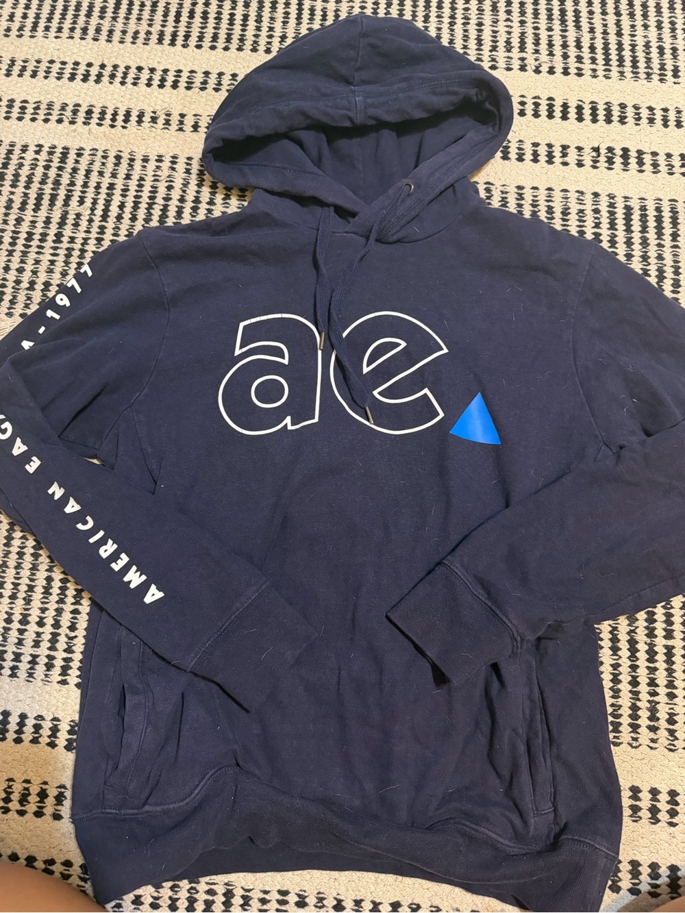 American Eagle Outfitters Navy Hoodie with White 'ae' Logo and Blue Accent